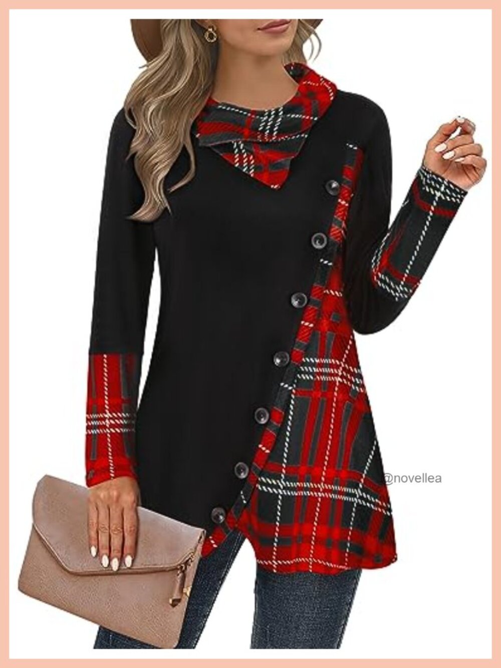 Cowl Neck Plaid Tunic Top Asymmetrical Long Blouse